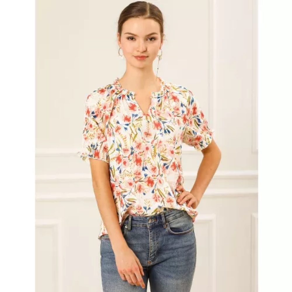 Womans Short Sleeve Floral Mock Neck Top - Small